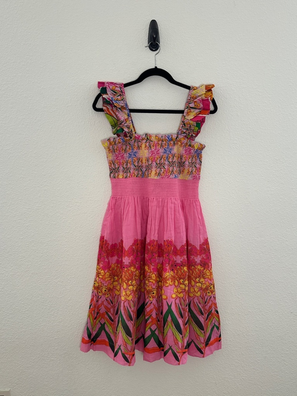 Anthropologie Roopa Pemmaraju Floral Smocked Dress Pink Ruffle Cotton Sundress M